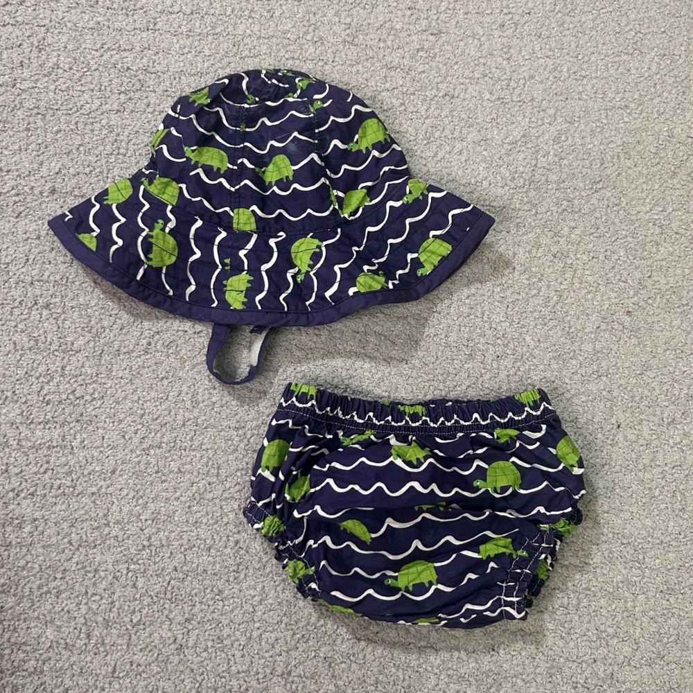 Pottery Barn Kids Sun Hat Diaper Cover 6-12M Navy Blue Turtle Coastal Beach Baby